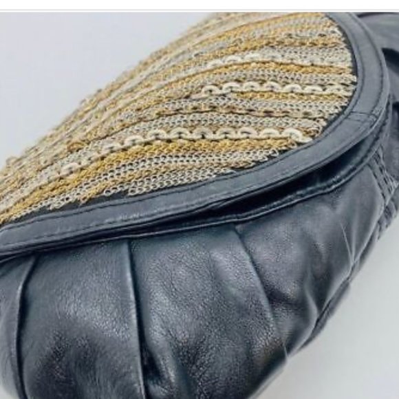 Rafe Black Flap Leather Clutch, metal design in gold & silver chains, - Picture 6 of 12